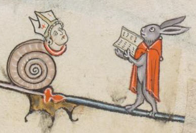 Bunny with book reading to snail with bishops head