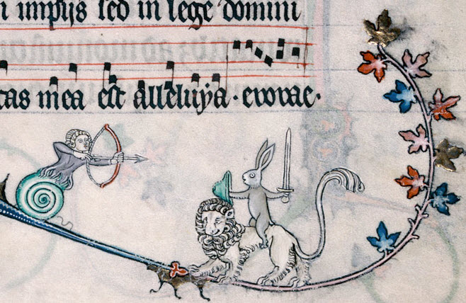 Bunny on lion with sword attacking snail human