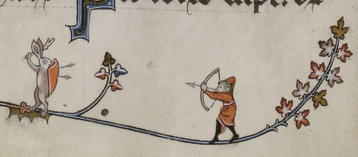 Hunter aiming bow at bunny with shield and stick